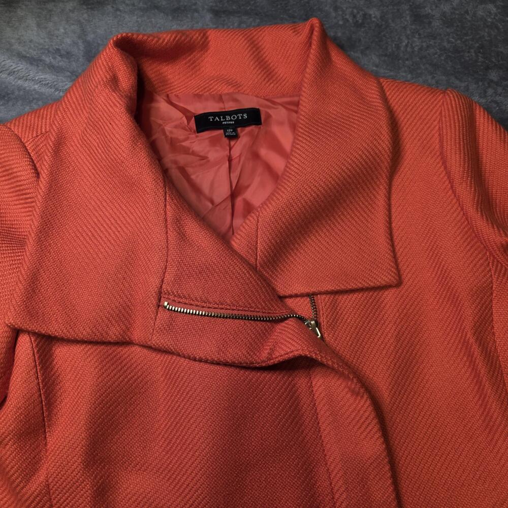 Talbots Jacket Womens 12P Orange Twill Asymmetrical Zip Collared Short Lined